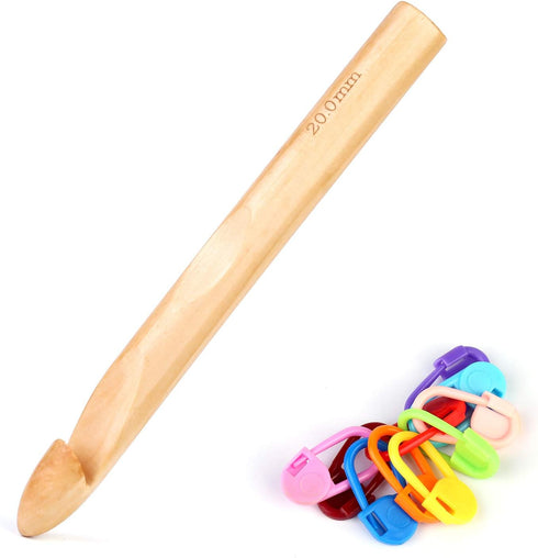 Wooden Crochet Hooks, 20mm Wooden Handle Crochet Hook Bamboo Knitting Crochet Needles with 10 pcs Knitting Stitch Markers for Handcraft Crocheting...
