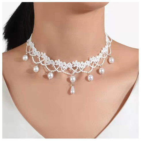 Vintage White Lace Choker Necklace White Teardrop Crystal Choker Necklace Gothic Hollow Lace Necklaces 90s Victorian Tattoo Necklace Jewelry for W...