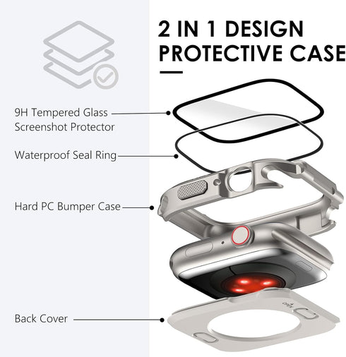 (2 in 1) KADES for Waterproof Apple Watch Screen Protector Case Series 9 8 7 45mm Accessories, Protective PC Face Cover Built-in Tempered Glass Fi...