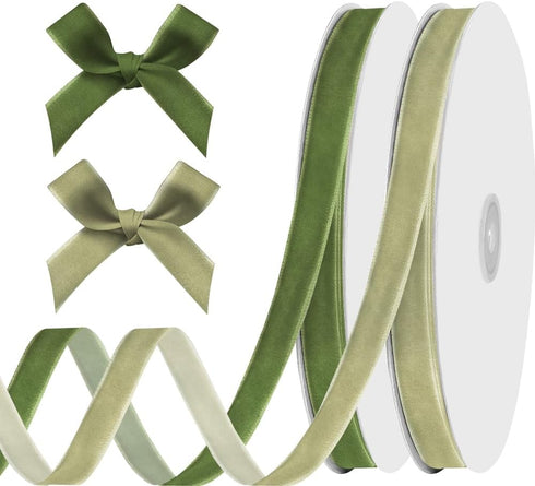 2 Rolls 3/8 Inch x 20 Yd Green Velvet Ribbon Dark Green Light Green Assorted Thin Ribbon Sage Green Solid Ribbon for Gift Wrapping Sewing Bows Cra...