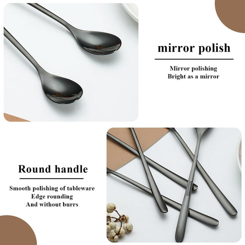 Black Long Handle Iced Tea Spoon Set of 12 Pieces, Titanium Plating Black Stainless Steel Teaspoons, Stirring Bar Spoon, Coffee Spoon, Ice Cream S...