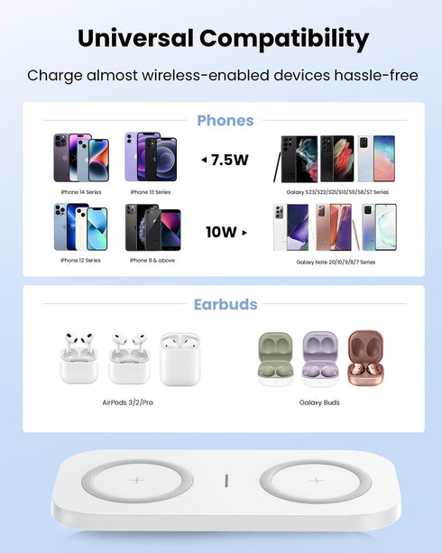 2 in 1 Wireless Charging Pad - 10W Max Wireless Charger for Apple iPhone 15/14/14 Plus/14 Pro Max/13/12/Mini/11/SE/X/8, Airpods 3/2/Pro, Wireless ...