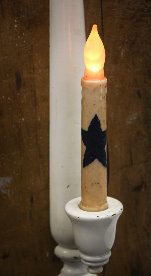 Set of 2 Primitive Battery Operated Wax-Dipped Taper LED Candles with Black Star on Side...