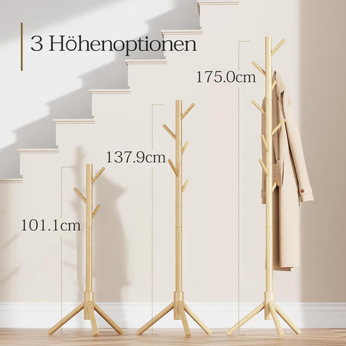 Pipishell Coat Rack Sturdy Wooden Coat Rack Stand, Adjustable Coat Tree, Free Standing Tree Hanger with 4 Sections & 8 Hooks, for Home/Bedroom/Off...