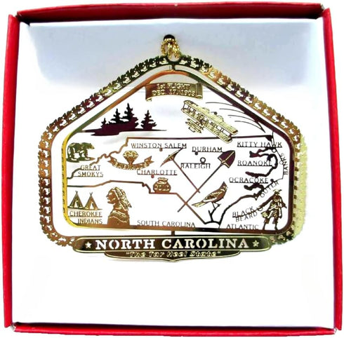 North Carolina State Brass Christmas Ornament Raleigh Charlotte Roanoke Kitty Hawk Winston Salem Durham Great Smokys by Nations Treasures...