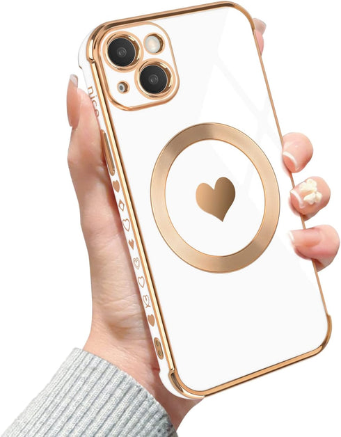 for iPhone 13 Magnetic Case, Luxury Cute Love Heart Design Plating Edge Case with MagSafe for Women Girls Soft TPU Shockproof Full Protective Case...