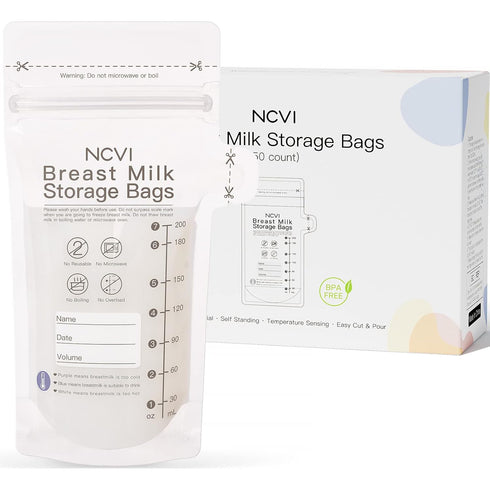 NCVI Breastmilk Storage Bags, 50 Count Milk Storage Bags for Breastfeeding, 7oz Breast Milk Storage Bags with Temp-Sensing, Doubled-Sealed, Hygien...