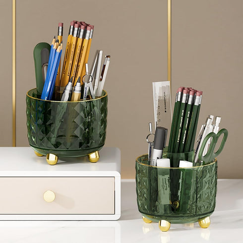 Dark Green Pen Pencil Holder for Desk, 360° Rotating Pen Organizer, Green Office Supplies, Cute Pen Holder, 6-Compartment Pencil Holder Rotating...