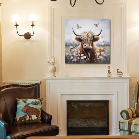 Enartly Bathroom Wall Art Highland Cow Painting Rustic Farmhouse Picture Animal Canvas Print, Nature Flower Landscape Abstract Artwork Framed for ...