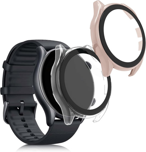 kwmobile Cover Comaptible with Huami Amazfit GTR 3 / GTR 3 Pro Covers - 2X Tempered Glass with Plastic Frame - Dusty Pink/Transparent...