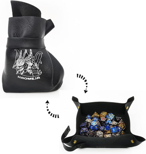 HAOMEJA DND Dice Tray Bag & Tray with Button Role Playing Dice Bag Leather dice Bag Jewelry Coin & Small Accessories Bag Storage Bag (Black)...