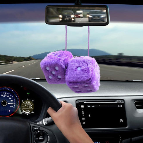 Pair of Retro Square, 3 inch Fuzzy Plush Dice with Dots, Car Mirror Hanging Decoration, Auto Rearview Mirror Ornament, Car Interior Accessories (P...