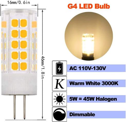 G4 LED Bulbs 110V-130V (Not Low Voltage 12V) G4 Bi-Pin Base Spotlight Lighting Dimmable 5W Warm White 3000K Replace 45W G4 Halogen Lamp, for Under...
