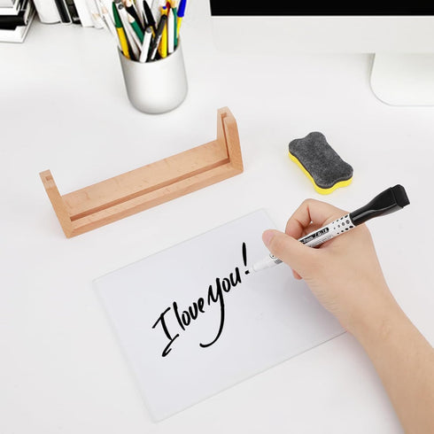 Desktop Glass Whiteboard with Wood Base, Small Whiteboard Glass Dry Erase Board Mini Whiteboard Portable Desk Whiteboard for Home, Office, 6.9x5.8...