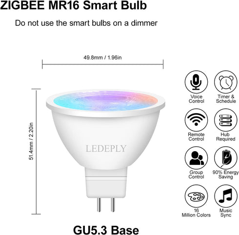 Zigbee MR16 Smart Bulbs, Compatible with hu*e*, Alexa, Google & ConBee (Hub Required), 5W, GU5.3 LED WiFi Bulb, 5W(50W), Dimmable LED AC/DC 12V, C...