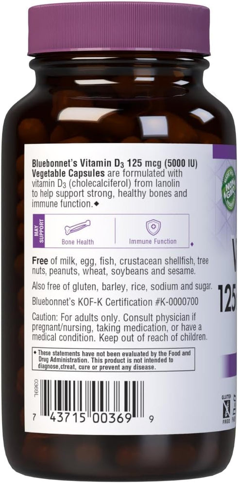 Bluebonnet Vitamin D3 5000 IU Vegetable Capsules, 120 Count...