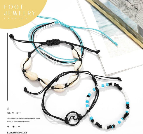 Boho Layered Anklet Bracelets Shell Rope Simmer Beach Foot Chain for Women...