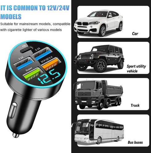 66W 5 Port Car Charger, 12-24V Quick Charge Automotive Fast Charging with USB PD Super QC 3.0 Cigarette Lighter Plug, Universal for SUV Truck RV 1...