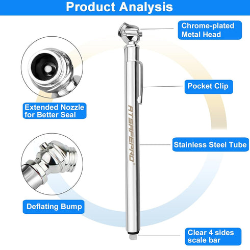 Pencil Tire Pressure Gauge (5-50PSI&10-75PSI), Sealed Zinc Alloy Nozzle and Silvery Aluminum Tube Body, Suitable for Bikes,Cars, Trucks...