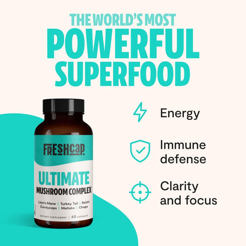 FreshCap Ultimate Mushroom Complex - Lions Mane, Reishi, Cordyceps, Chaga, Turkey Tail, Maitake - Immune Support & Nootropic Brain Supplements for...
