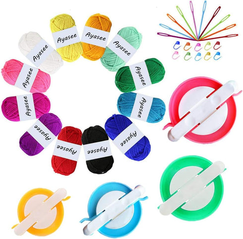 Ayasee Pompom Maker Kits, Knitting Loom Kit Fluff Ball Weaver Needle Craft DIY Knitting Crochet Tool Kit, 4PS Pompom Maker+10PS Knitting Stitch Ma...