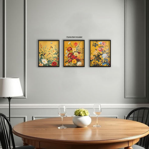 Posterizer 3 pcs-Vibrant Yellow Theme-Lush Flowers-Floral Botanical Art-Abstract & Modern Art- Kitchens, Dining Room Decor- unframed wall art...