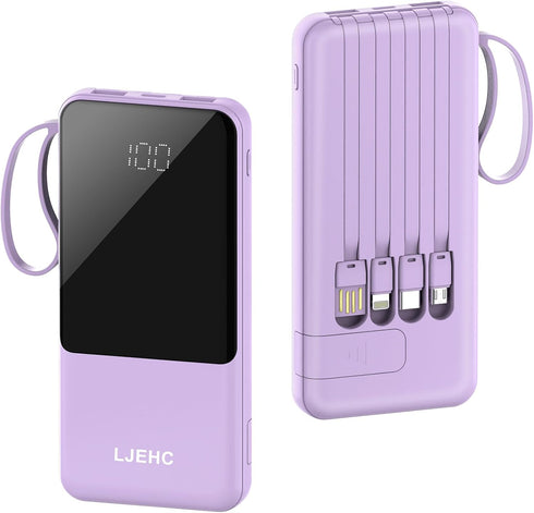 Portable Charger with Built in Cables,10000mAh Slim USB C Power Bank,5 Output 3 Input LED Display High Speed External Battery Pack Travel Phone Ch...