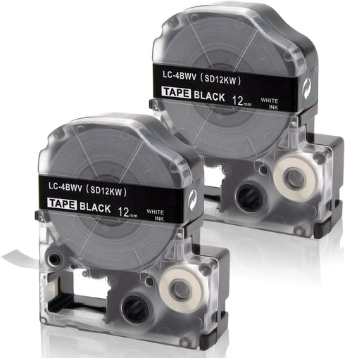 Absonic 2-Pack Compatible for LK-4BWV LC-4BWV9 12mm 0.47" White on Black Label Tape Work with Epson LabelWorks LW-300 LW-400 LW-500 LW-600P LW-700...