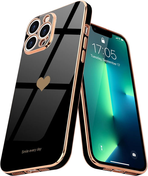 Teageo for iPhone 13 Pro Case for Women Girl Cute Love-Heart Luxury Bling Plating Soft Back Cover Raised Full Camera Protection Bumper Silicone Sh...