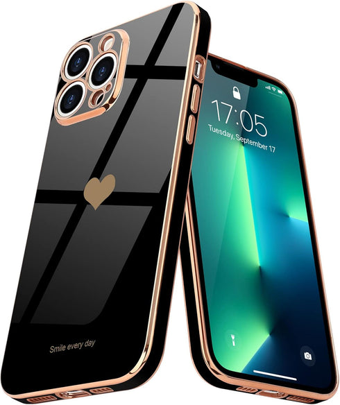 Teageo for iPhone 13 Pro Max Case for Women Girl Cute Love-Heart Luxury Bling Plating Soft Back Cover Raised Camera Protection Bumper Silicone Sho...