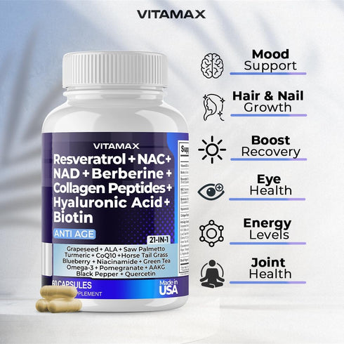 Vitamax Resveratrol NAD+ Berberine Hyaluronic Acid - Biotin Grape & Blueberry + NAC - Collagen Peptides - Hair, Nail, Skin & Joint Supplement - 21...