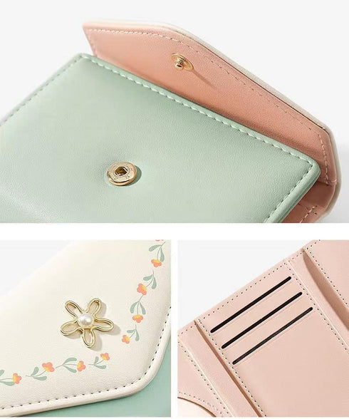 Girls Cute flowers Print Wallet, Small Tri-folded Aesthetic Wallet, PU Leather Purse Cash Pocket Card Holder ID Window Purse for Women(Green)...