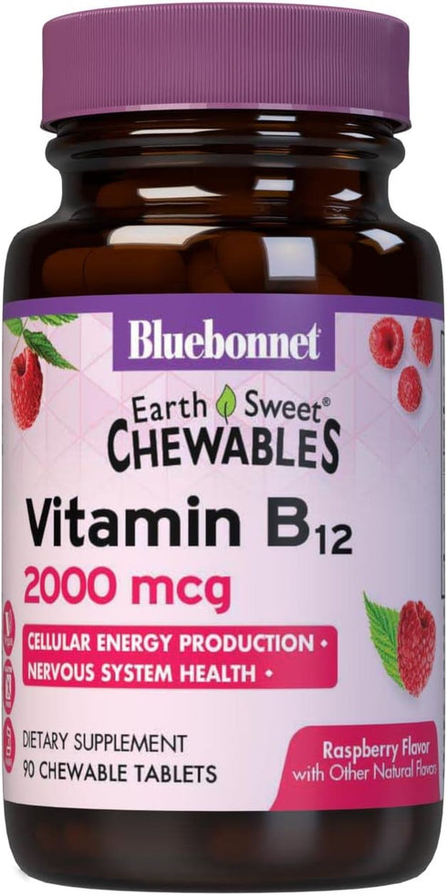 Bluebonnet Nutrition Earth Sweet Vitamin B12 2000 mcg Chewable Tablets, Soy-Free, Gluten-Free, Kosher Certified, Dairy-Free, Vegan, Raspberry Flav...