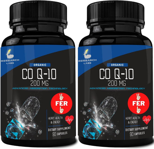 Research Labs Advanced Absorption 200mg CoQ10 w/Black Pepper Extract. 2 for 1 Ad 180 Softgels. Organic, Gluten Free, Heart Health Support, Energy ...