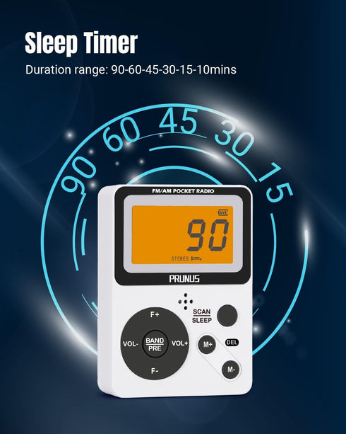 PRUNUS Pocket AM FM Radio Portable with Stereo Earphone, Battery Operated Radio by 2 AAA, Manual Preset, Large Screen, Lock Key Walkman Radio, Sle...