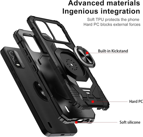 TJS Compatible for Nokia C210 Case, with Tempered Glass Screen Protector Metal Ring Magnetic Support Kickstand Heavy Duty Drop Protection Cover Ph...