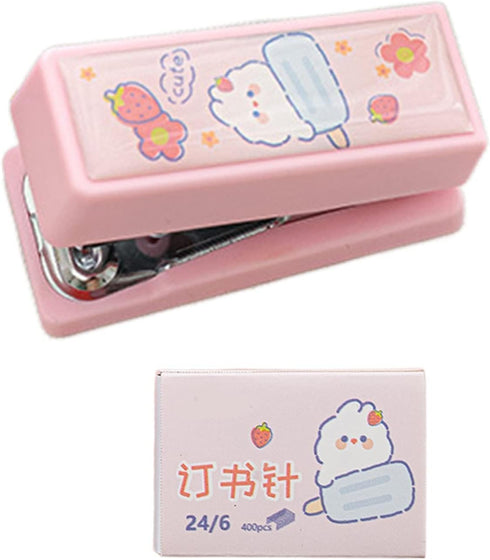 Pink 1 Set Mini Stapler with No.12 Staples, Cute Rabbit Pattern Desktop Stapler, Staple Remover, Bookbinding Machine for Paper Clips Staplers for ...