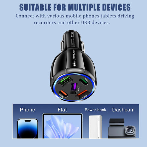 3 USB+2PD Car Charger Adapter Fast Charging,75W USB C Car Charger, 5 Port Type A Cigarette Lighter USB Charger for iPhone/Android/Samsung Galaxy S...