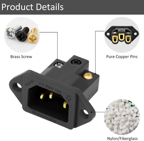 Monosaudio Gold Plated AC Power Socket 250V 10A IEC 320 C14 Panel Mount Plug Adapter Power Connector Socket Screw Mount 3 Pins Inlet Male Power Pl...