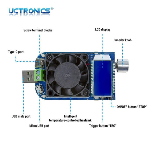 UCTRONICS Electronic USB Load Tester, Adjustable Discharge Resistor Module 35W, Test and Trigger QC2.0 QC3.0 AFC 9V FCP, Intelligent Temperature C...