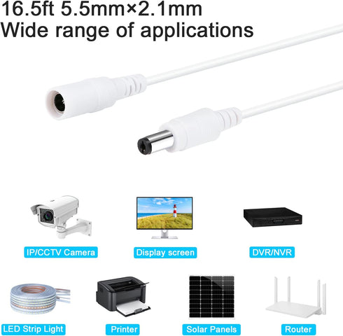 Power Extension Cable 16.5ft, 2.1mm x 5.5mm Plug Compatible with 12V DC Adapter Cord for CCTV Security Camera, IP Camera, Standalone DVR(16.5ft Wh...