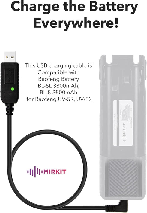Mirkit 2.5mm USB Charger Cable with Light Indicator for Baofeng Battery UV-5R and UV-82 3800mAh BL-5L and BL-8 High Capacity Batteries for Two Way...