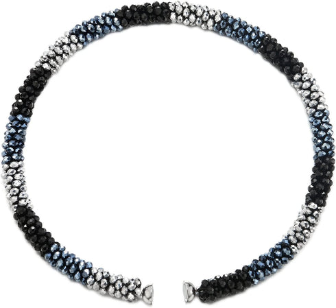 COOLSTEELANDBEYOND Statement Necklace Silver Blue Black Beads Crystal Braided Chain Choker Collar Magnetic Clasp...