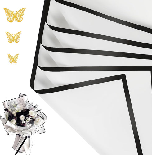 Goviw Flower Wrapping Paper 20 Sheets Waterproof wrap paper 22.5x22.5 inch(White&Black Edge) + 12 pcs 3D golden butterfly stickers DIY Crafts Flor...