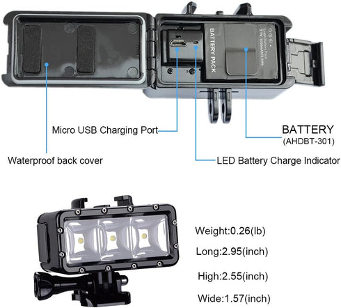 Suptig High Power Dimmable Waterproof LED Video Light Fill Night Light Diving Underwater Light for Gopro Hero 12/Hero 11/Hero 10/Hero 9/Hero8/Hero...