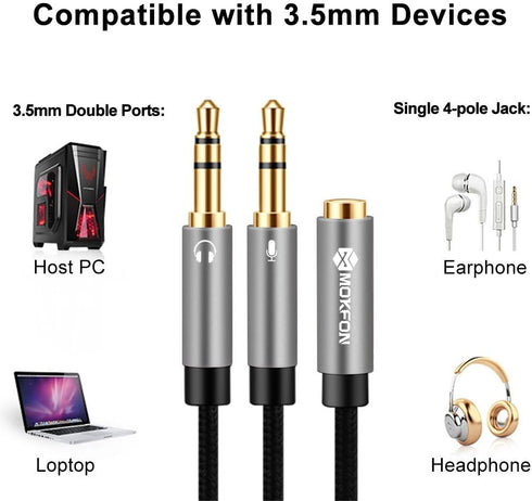 Combo Audio Adapters Cable Headphone Y Splitter with Mic and Audio Male to Female 3.5mm PC Headset Extension Stereo Jack Cables for Computer,Lapto...