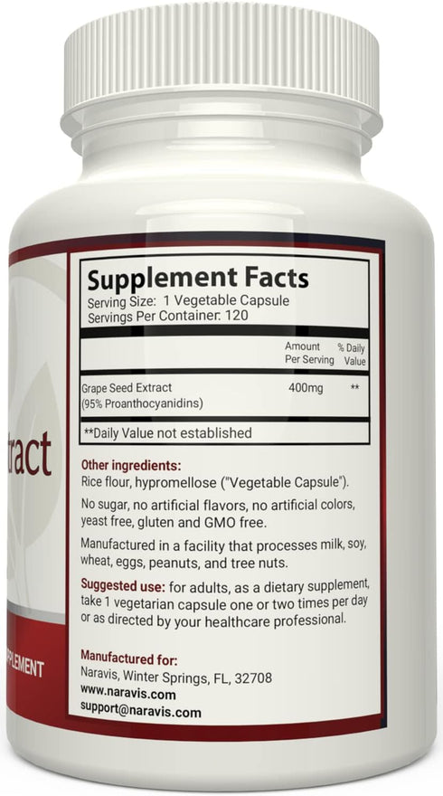 Grape Seed Extract 400mg - 120 Vegetarian Capsules with 95% Proanthocyanidins - Natural Non-GMO Antioxidant Supplement - Grapeseed Extract Capsule...