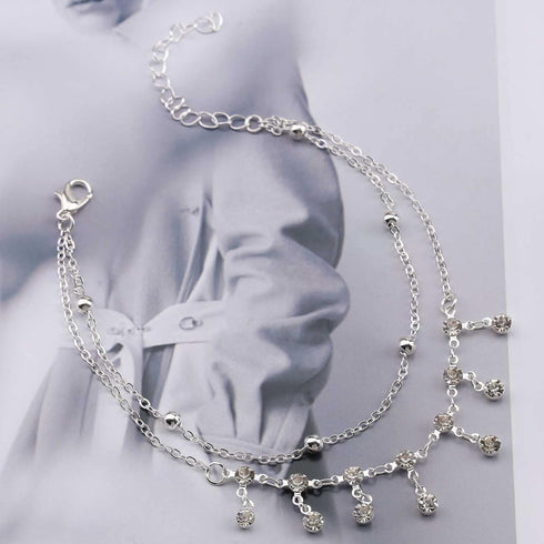 Boho Layered Rhinestone Ankle Bracelet Silver Dangle Crystal Anklet Bracelets Cz Tassel Anklets Glitter Tennis Foot Chain Jewelry for Women and Gi...
