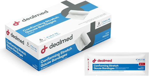 Dealmed 6" Sterile Conforming Stretch Gauze Bandages, 4.1 Yards Latex Free Stretched Dressing Wrap, Medical Non-Adherent Wound Care Mesh Bandages ...