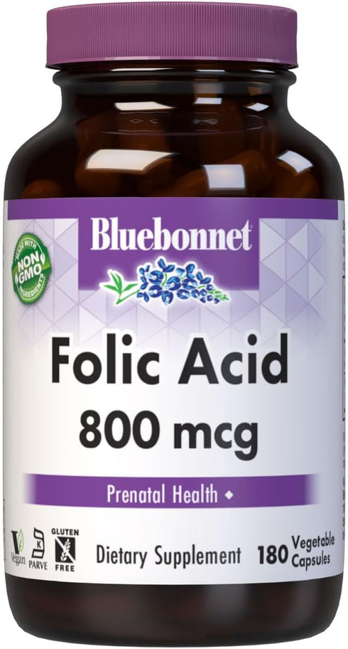 BlueBonnet Nutrition Folic Acid 800mcg, Healthy Neurological Development, Soy, Dairy & Gluten Free, Non-GMO, Kosher Certified, Vegan, Vegetable Ca...